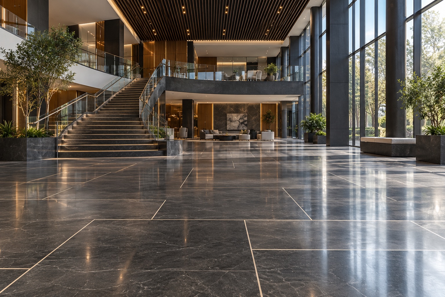 AI-generated modern atrium with polished stone flooring