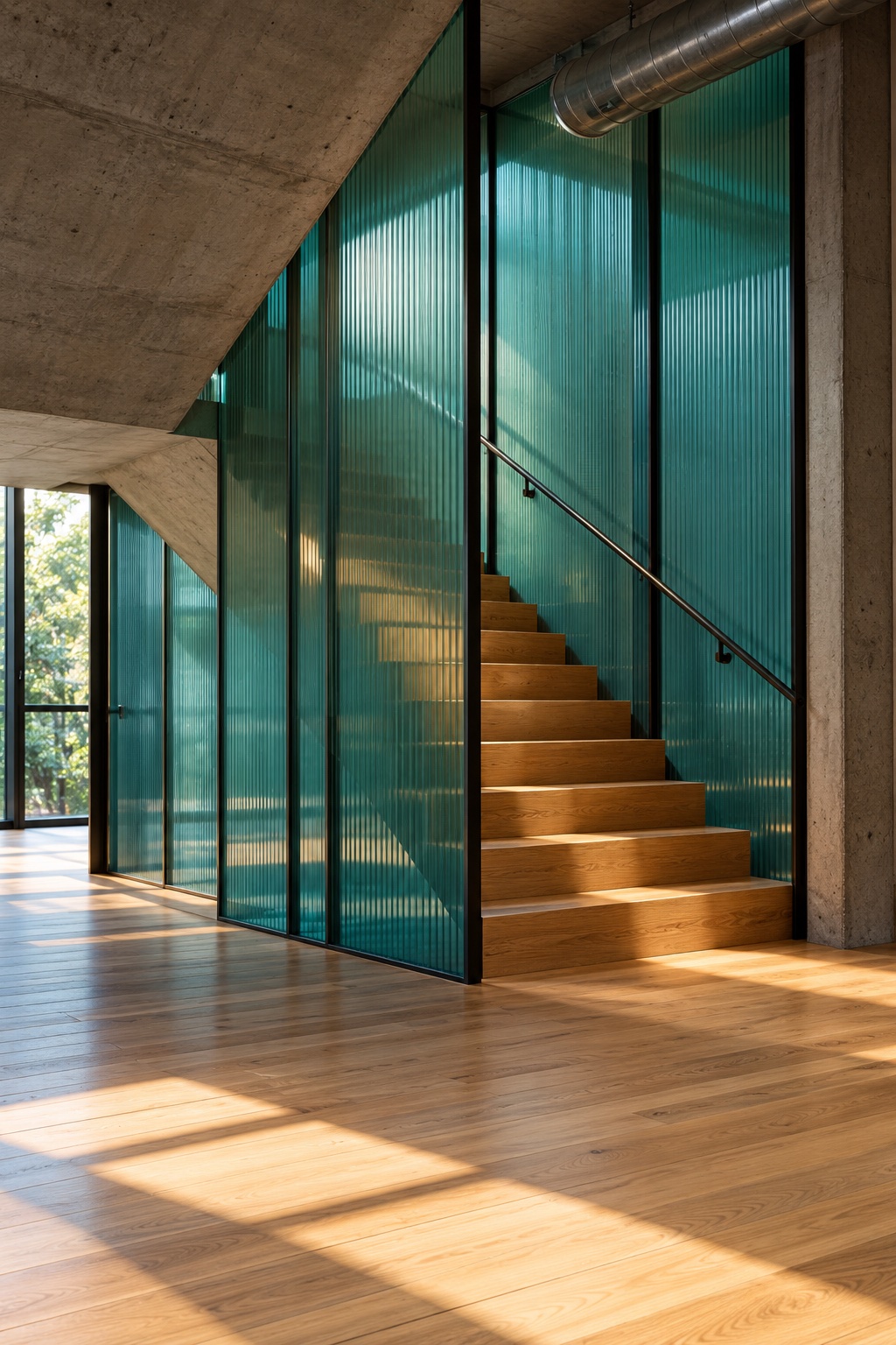 AI-generated wood staircase and flooring beside teal glass