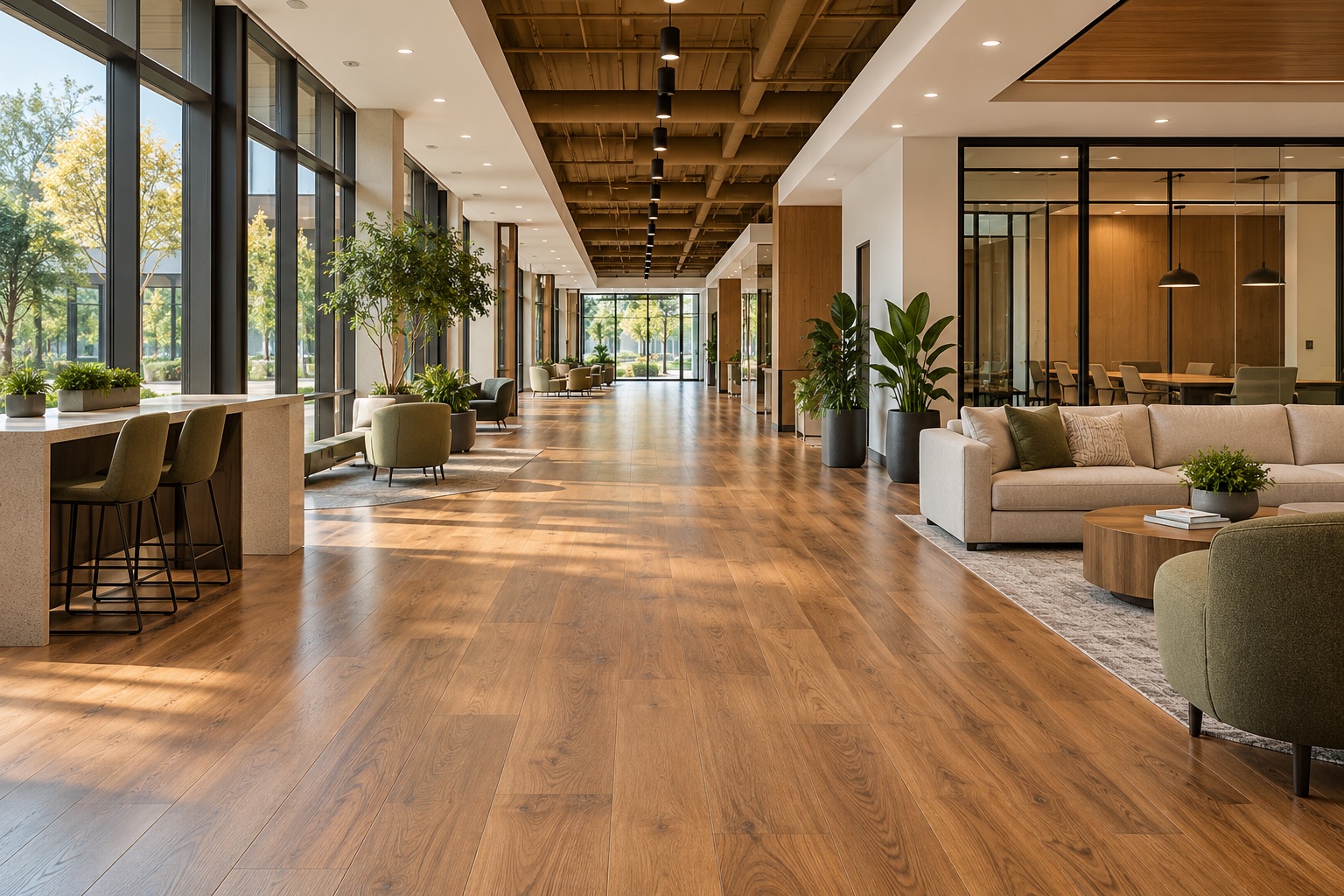 AI-generated commercial interior with warm wood-look flooring