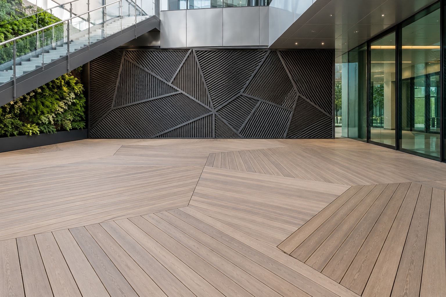 AI-generated courtyard with geometric wood flooring